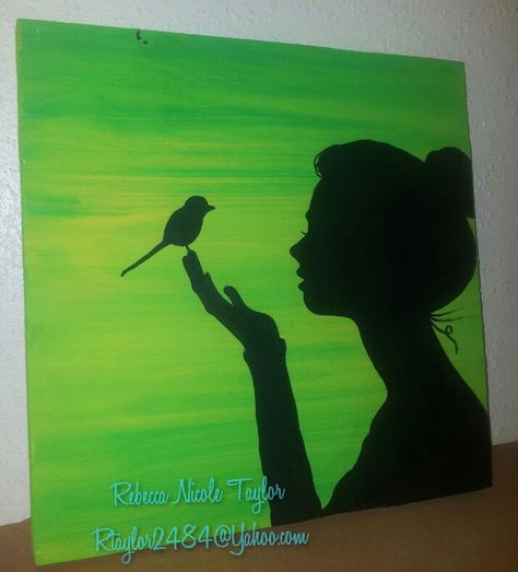 "Free bird" Girl holding a small bird acrylic paint silhouette on canvas. To purchase, contact at rtaylor2484@Yahoo.com. Country girl, southern Belle, free spirit, wild, boho hand painted. Cold Painting Ideas, Paint Silhouette, Canvas Art Diy, Bird Girl, Silhouette Painting, Free Bird, Diy Boho, Oil Pastel Art, Easy Canvas Painting