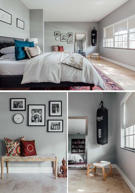 Bedroom With Punching Bag, Punching Bag Bedroom, Punching Bag In Bedroom, Punching Bag In Room, Boxing Bag In Bedroom, Contemporary Guest Room, Bedroom Lighting Design, Mattress Room, Room Inspired