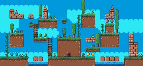 Nature Platformer Tileset[16x16][FREE] by RottingPixels Platformer Tileset, 2d Game Background, Game Level Design, Pixel Art Tutorial, Pixel Art Games, Game Background, Platform Game, Free Graphics, I Am Game