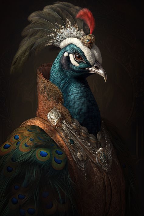 #RenaissancePainting #QuirkyAnimalArt #PrintableDigitalArt #PeacockWarriorSuit" Steampunk Peacock, Peacock Portrait, Peacock Images, Bird Head, Vintage Peacock, Animal Portraits Art, Fairytale Photography, Animal Portraits, Unusual Animals