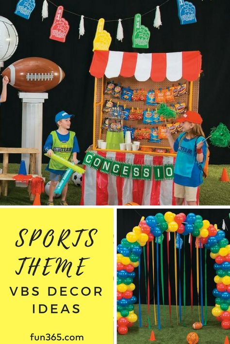 Your sports-themed VBS needs these DIY decor ideas! So fun and so easy to make, these VBS decorations will add to the fun and fellowship of your summer VBS. Summer Camp Decoration Ideas, Vbs Sports Theme, Game On Vbs Decorations, Sports Vbs Decorations, Sports Decorations School, Summer Camp Decoration Ideas For School, Bible Baseball, Sports Vbs, Sports Day Decoration