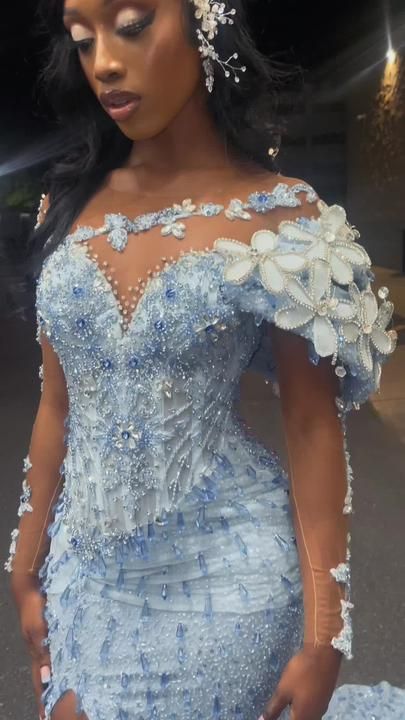 Nigerian Wedding Dress, Nigerian Dress, Nigerian Lace Styles Dress, African Prom Dresses, Sparkly Prom Dresses, Gorgeous Prom Dresses, Blue Prom Dress, Lace Gown Styles, Prom Girl Dresses