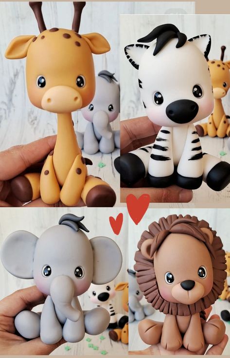 Cute Fondant Figures, Giraffe Fondant Topper, Animal Fondant Cake, Cute Fondant Animals, Animal Theme Cake Without Fondant, Fondant Jungle Animals, Zebra Fondant, Porcelanicron Ideas, Clay Giraffe