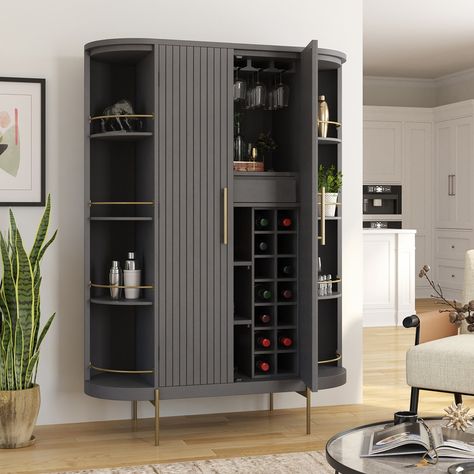 Bar Units For Home, Curved Armoire, Bar Unit Design Modern, Liquor Cabinet Modern, Modern Home Bar Luxury, Bar Console Cabinet, Bar Unit Design, Bar Cabinet Styling, Modern Bar Cabinets For Home