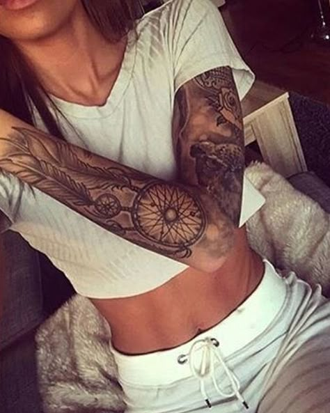 #Beautiful #sleeve #tattoos.                                                                                                                                                      More Mangas Tattoo, Women Tips, Makeup Tip, Dream Catcher Tattoo, Cat Tattoos, Tiny Tattoo, Full Sleeve Tattoos, Best Sleeve Tattoos, Sleeve Tattoos For Women