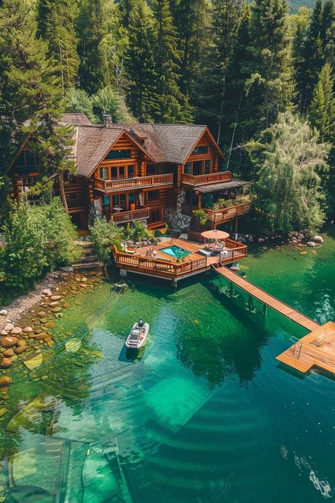 Log Cabins Cabins On The Water, Log Cabin Pool House, Beautiful Log Cabins, Large Cabin In The Woods, Farmhouse Design Exterior, Tiny Glade, Log Cabin House, Log Homes Exterior, House On The Water