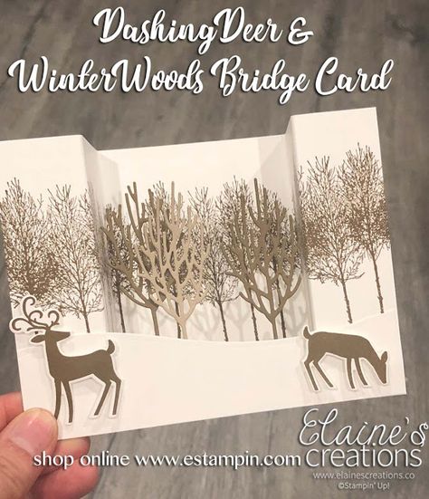 Learn How to Make Bridge Cards! Stampin; Up! Dashing Deer, Winter Woods stamp sets Elaine's Creations Su Dashing Deer Christmas Cards, Cards With Deer And Trees, Stampin Up Deer Cards, Stampin Up Dashing Deer, Dashing Deer Stampin Up Cards, Deer Cards Handmade, Winter Woods Stampin Up Cards, Stampin Up Winter Woods, Deer Christmas Cards