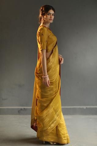 Mustard Fabric, Blouse Yoke, Tissue Saree, Yellow Saree, Embroidered Neckline, Indian Attire, Saree Look, Fashion Hacks Clothes, Traditional Sarees