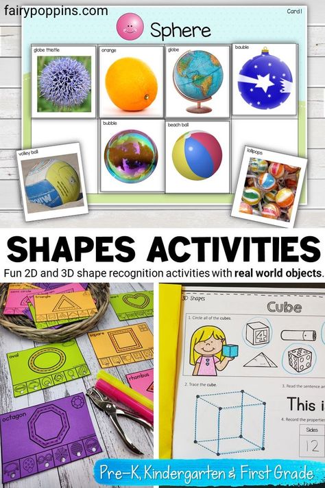 Fun 2D and 3D shape recognition activities with real world objects. #kindergartenmath #mathcenter #2dshapes #3dshapes #realworldobjects #shaperecognition #firstgrade #kindergarten #prek Fairy Poppins, 3d Shapes Activities, Shape Sorting Activities, 2d Shapes Activities, Teaching Math Elementary, Shape Activities, Geometry Activities, 2d And 3d Shapes, Math Centers Kindergarten