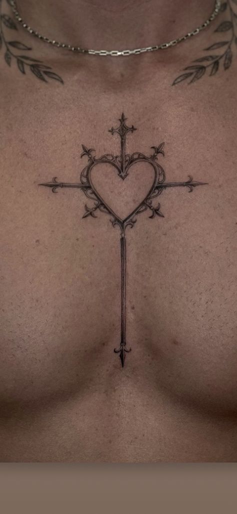 Cross Between Breast Tattoo, Tattoo On Stomach, Heart Piercing, Stomach Tattoos, Cross Tattoo, Tattoo Inspo, Pretty Tattoos, Tattoo On, Cute Tattoos