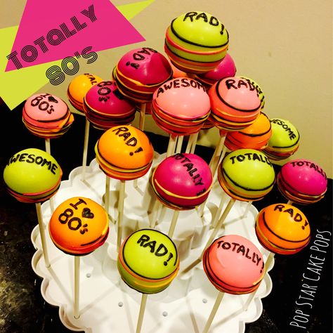 80's themed cake pops 80s Theme Cake Pops, 80s Themed Desserts, 80s Theme Cake, 80's Theme Party, Star Cake Pops, Themed Cake Pops, 80s Birthday, 80s Birthday Parties, Neon Birthday Party