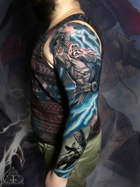 A greek mythology thematic full sleeve tattoo by ClickIs Viking Sleeve, Mens Full Sleeve Tattoo, Freya Goddess, Greek Mythology Tattoos, Chest Piece Tattoos, Mythology Tattoos, Greek Tattoos, Full Sleeve Tattoos, Full Sleeve Tattoo