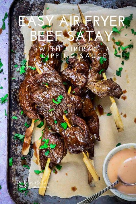 Easy Air Fryer Beef Satay Thai Beef Satay Skewers, Beef Skewers In Air Fryer, Air Fryer Beef Skewers, Steak Skewers Air Fryer, Beef Air Fryer Recipes, Air Fryer Skirt Steak, Beef Satay Recipe, Ariana Birthday, Teriyaki Skewers