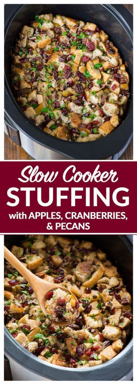 Incredible Slow Cooker Stuffing with Apples Cranberries and Pecans. Easy crockpot method that frees up the oven on Thanksgiving. Keep vegetarian or add chicken sausgage or mushrooms. #thanksgiving #stuffing #slowcooker #crockpot #veganrecipes #vegan #recipes #crockpot Health Slow Cooker Recipes, Slow Cooker Hamburger Recipes, Mushrooms Thanksgiving, Stuffing With Apples, Slow Cooker Stuffing, Thanksgiving Slow Cooker, Crockpot Stuffing, Cranberry Stuffing, Vegetable Slow Cooker