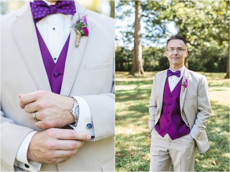 Groom's cufflinks, beige suit and purple vest -  click to view more from this Maryville TN wedding! Pink Groomsmen, Men Attire, Groomsmen Ideas, Khaki Suits, Purple Wedding Decorations, Beige Suit, Purple Wedding Inspiration, Purple Vest, Purple Dress Shirt