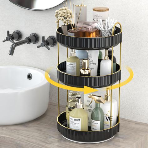 PRICES MAY VARY. STYLISH MATRIALS: JNFUZ bathroom storage is made of high-quality PET material and equipped with sturdy metal brackets and metal handles, which are sturdy and it is easy to install; skin care organizer can meet daily storage needs and add a touch of decoration to the overall atmosphere of your house 360° ROTATING DESIGN: makeup organizer for vanity adopts a 360-degree rotating design to keep items at your fingertips. The open design makes your items clearly visible. The raised ed Modern Apartment Decor Bathroom, Bathroom Counter Decor Double Sink, Makeup Organization Bathroom Counter, Small Bathroom Countertop, Organize Bathroom Counter, Bathroom Countertop Organization, Makeup Organizer Bathroom, Seasoning Shelf, Bathroom Counter Storage