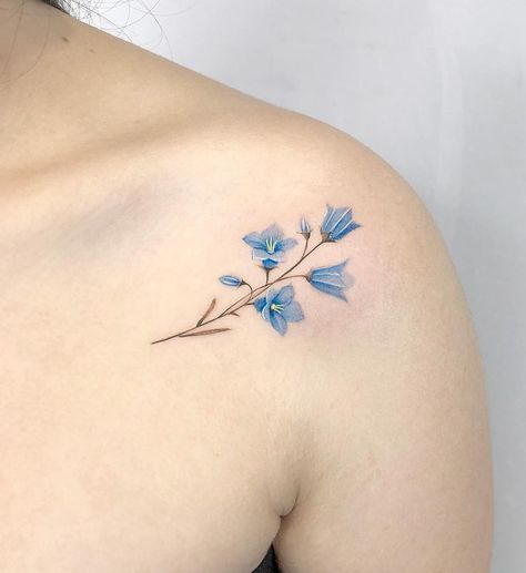 Bell flowers  Pastels flowers Bell Flower Tattoo, Bluebells Flower Tattoo, Blue Flower Tattoo, Bluebell Tattoo, Blue Flower Tattoos, Bodysuit Tattoos, Chris Garver, Tato Minimal, Small Girl Tattoos