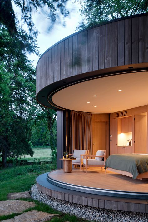 lumipod 6 takes shape as rounded wooden hotel cabin in france Glamping Ideas, Module Design, Eco Cabin, 2023 Picture, Eco Hotel, Luxury Cabin, Hotel Interior Design, Round House, French Countryside