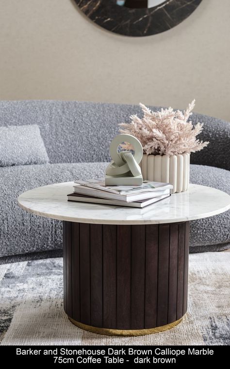 The combination of light and dark and the different materials used makes for an unusual pairing, effortlessly tying together to create something extraordinary. The brass strip along the bottom of the Dark Wood Calliope Coffee Table adds a subtle touch of opulence which you can enhance upon with accessories and accents. Brass Strip, Brown Coffee Table, Coffee Table Furniture, Coffee Table Styling, Barker And Stonehouse, Neutral Living Room, Chic Living Room, Dark Brown Color, Decor Home Living Room