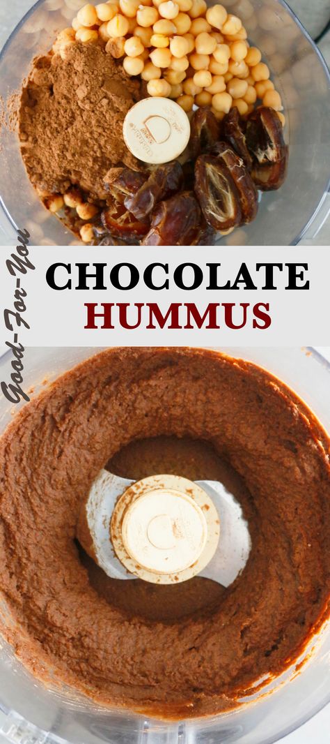 an open food processor with creamy chocolate hummus made with healthy ingredients Vegan Chocolate Hummus, Homemade Chocolate Hummus, Chocolate Hummus Recipes Healthy, Dark Chocolate Hummus Recipe, Chocolate Hummus Charcuterie Board, Garbanzo Bean Hummus Recipe, Healthy Chocolate Hummus, Chocolate Hummus Recipes, Simple Hummus Recipe