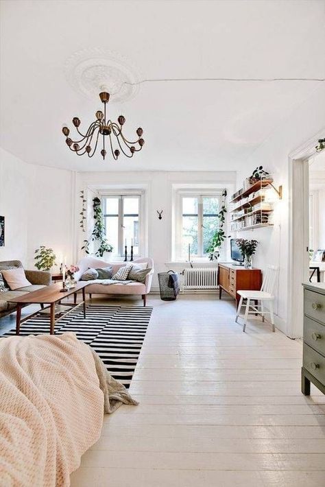 Fabulous Studio Apartment Decor Ideas On A Budget 05 Studio Decorating, White Painted Floors, White Wood Paneling, Tv Fal, Painted Wood Floors, White Wood Floors, Apartment Studio, First Apartment Decorating, Apartment Decoration