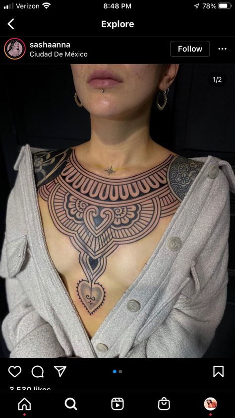 Chest Plate Tattoo Female, Romani Woman, Chest Tattoo Cover Up, Plate Tattoo, Collar Tattoo, Chest Plate, Embroidery Tattoo, Tattoo Female, Ornamental Tattoo