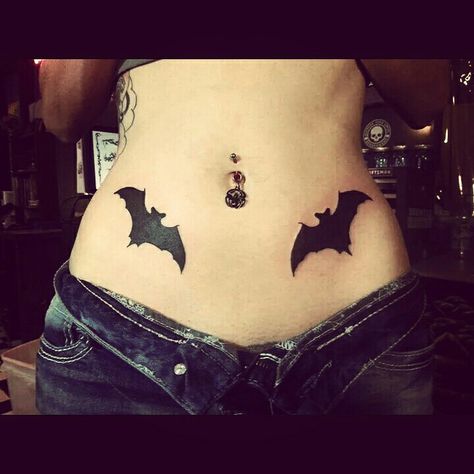 Bat tattoo. Black tattoo. Stomach tattoo. Hip tattoo. Bat lover. Inked girl. Inked. Tattoos. Tattooed. Bat Tattoo On Stomach, Tattoo Bat, Epic Tattoos, Tattoo Stomach, Emo Tattoos, Tattoo Hip, Stomach Tattoo, Waist Tattoos, Belly Tattoo