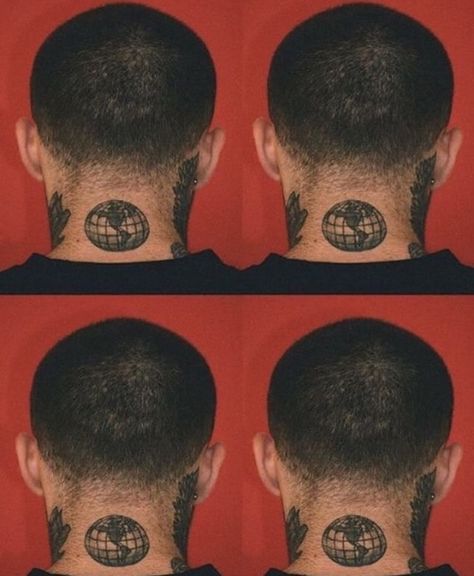 The world is so small  Back of neck tattoo, globe, earth Mac Miller Macadelic Tattoo, Mac Miller Neck Tattoo, Small Worlds Mac Miller Tattoo, Earth Globe Tattoo, Come Back To Earth Tattoo Mac Miller, Macadelic Tattoo, Tattoos Back Of Neck, Tattoo Back Of Neck, Earth Tattoos