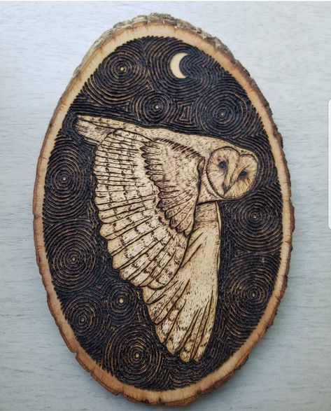 "This mysterious Night Owl is flying under the light of a crescent moon and the stars. This wise and peaceful owl would make a wonderful gift, guardian of your dreams or a lovely desk companion!  This piece would make a perfect desk companion for the Owl enthusiast!  My pieces are each one of a kind and are unique.  Measures approximately 5\" x 7\" Please note the natural \"imperfections\" in the wood were left in the art piece in the spirit of \"Wabi-Sabi\" (The aesthetic is sometimes described as one of appreciating beauty that is \"imperfect, impermanent, and incomplete\" in nature) Signed on back by the artist -Waverley" Wood Burning Patterns Stencil, Art Cottagecore, Wood Burn Designs, Pyrography Patterns, Cottagecore Art, Country Wall Art, Wood Art Projects, Pyrography Art, Wood Burning Crafts