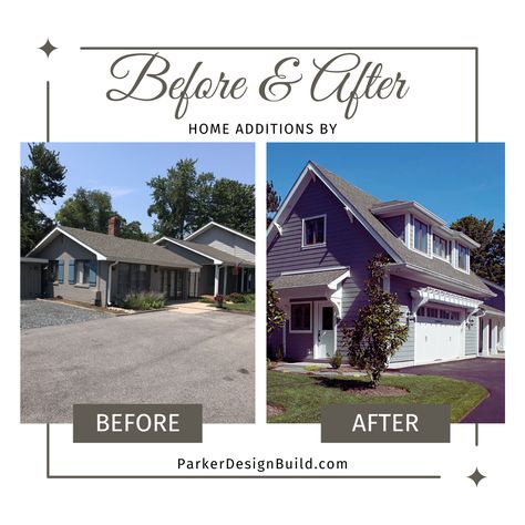 Our Before & After photos show you how much versatility you gain with a #HomeAddition.  This garage addition makes a perfect guest or AirBNB space too!  Let's get started!
Visit:  https://parkerdesignbuild.com/gallery/ for more photos and inspiration.
#homeadditions #maryland #parkerdesignbuild #airbnb Bungalow Addition Before After, House Additions Before And After, Addition Over Garage Before And After, Second Floor Addition Before And After, Above Garage Addition, Addition Over Garage, Bungalow Addition, Second Floor Addition, Cottage Makeover