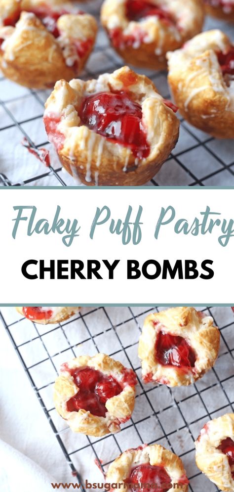 Satisfy your sweet cravings with our irresistible Flaky Puff Pastry Cherry Bombs. Made with a light and flaky pastry shell and a sweet and tangy cherry filling, these mini pastries are the perfect treat for any time of day. Dessert With Puff Pastry Easy, Irresistible Cream And Berry-filled Pastry Balls, Cherry Strudel Recipe Puff Pastries, Cherry Cheesecake Puff Pastry, Cherry Danish Puff Pastry, Puff Pastry Shells Recipes Appetizers, Fruit Filled Pastries, Puff Pastry Sheet Recipes Desserts, Cream And Berry Filled Pastry Balls