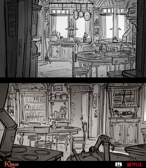 Interior Layout Animation, Detective Room Concept Art, Storyboard Background, Kitchen Design Drawing, Room Concept Art, Concept Artist Portfolio, Interior Composition, Perspective Pictures, Background Room