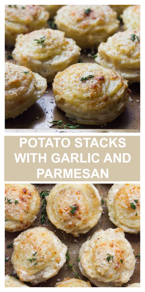 Creamy on the inside and crispy on the outside. These potato stacks with garlic, thyme, and parmesan are insanely good! #potatostacks #potatorecipes #thanksgivingsides #creamypotatoes Creamy Parmesan Potato Stacks, Stacked Potatoes, Parmesan Potato Stacks, Potato Stacks, Mandoline Slicer, Creamy Potato, Potato Side Dishes, Sliced Potatoes, Potato Dishes