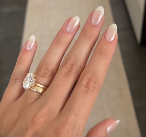 Gel Nail Full Set, Simple Almond Nails Neutral, Milky Sheer Nails, French Tip Hard Gel Nails, French Manicure White Chrome, Almond Shape Simple Nails, Sofia Richie Wedding Nails, Gel X Wedding Nails, Shimmery French Tip Nails