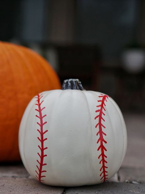 This Baseball Pumpkin is the perfect DIY for all baseball fans. Youth baseball players and MLB fans. DIY Baseball Pumpkin supplies needed: round craft pumpkin white craft paint (optional, alternatively select a white craft pumpkin) Red Sharpie oil-based paint pen, medium point Clear satin aerosol spray Paint the craft pumpkin paint. Several coats may be needed for [...] Baseball Pumpkin, Pumpkin Baseball, Baseball Painting, Pumpkin Decorating Diy, Creative Pumpkin Painting, No Carve Pumpkin Decorating, Pumpkin Decorating Contest, Pumpkin Contest, Halloween Pumpkin Designs