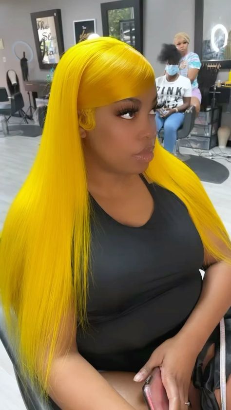 Yellow Hair Black Women, Yellow Wig Hairstyles, Yellow Wigs On Black Women, Black And Yellow Wig, Yellow Lace Front Wig Black Women, Yellow Wig Black Women, Yellow Frontal Wig, Colour Hairstyles, Orange Side Part Wig