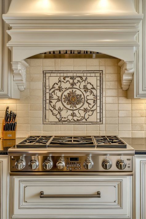 13 Neutral Backsplash Ideas That Transform Kitchens - DreamyHomeStyle French Inspired Kitchen Backsplash, Tile Range Backsplash, Decorative Tile Behind Stove, Wall Behind Stove Ideas Kitchens, Stove Wall Ideas Kitchen, Backsplash Over Stove, Range Backsplash Ideas, Timeless Backsplash Kitchen, Tile Behind Stove