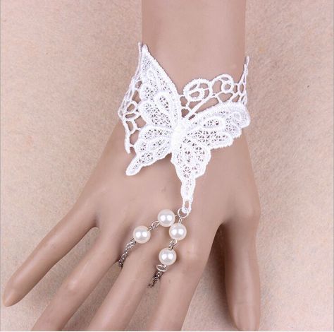 Crochet Bracelet Patterns, Party Wristbands, Gloves Lace, Bracelet With Pearls, Lace Fingerless Gloves, Crochet Bracelet Pattern, Bridal Gown Styles, Lace Butterfly, Butterfly Lace