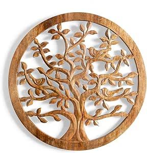 Vivaterra Wooden Carved Tree of Life Wall Art, 22" Dia. x 1" D, Tree of Life Carved Wooden Wall Decor for the Living Room, Zen Bedroom, Office, Artisan-made Wall art Tree Of Life Carving, Tree Of Life Wood Carving, Wooden Carving Design Wall Art, Wooden Carving Design, Tree Of Life Wall Art, Painting Space, Carved Tree, Carved Wood Wall Art, Tree Carving