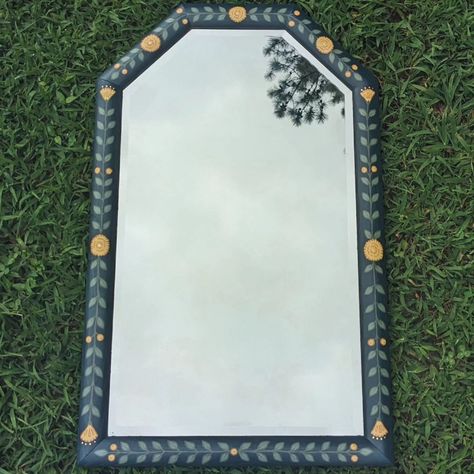 Hand painted wooden hexagon mirror Oak frame  26.5"H x 16.5"W Wire hanger  Signs of age - faint fogginess, light surface scratches #handpaintedmirror #paintedmirror #handpainted #handpaintedfurniture #colorfulhome #colorfulinterior #interiordesign #folkart #boho #bohostyle #bohodecor #uniqueinteriors #fusionmineralpaint #handpainteddecor #smithfieldva #virginiaartist #upcyclefurniture #upcycle Painted Frame Mirror, Paint Mirror Frame, Painted Mirror Frame, Painting Mirror Frames, Painting Mirror, Hexagon Mirror, Painted Decor, Painted Mirror, Mirror Frame Diy