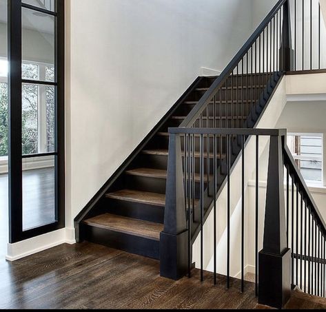 Black Hardwood Stairs, Black Stairs Wood Treads, Black Metal And Wood Stair Railing, Black Painted Stair Risers, Black Wood Spindles Staircase, Metal Stair Risers, Black Wood Railing, Stairs Black Risers, Black Painted Stair Treads