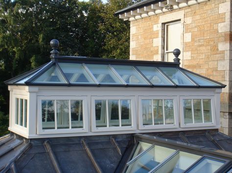 Beautiful roof lantern with side frames crowning a lead roof Lantern Roof Light, Orangery Roof, Lead Roof, Victorian Greenhouses, Skylight Design, Grill Gate Design, Three Season Room, House Roof Design, Timber Roof