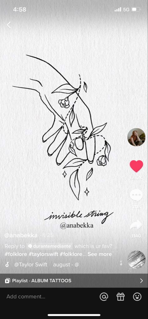 Invisible String Taylor Swift, Invisible String Tattoo, Invisible Tattoo, String Tattoo, Taylor Swift Playlist, Taylor Swift Drawing, Taylor Swift Tattoo, Invisible String, August Taylor