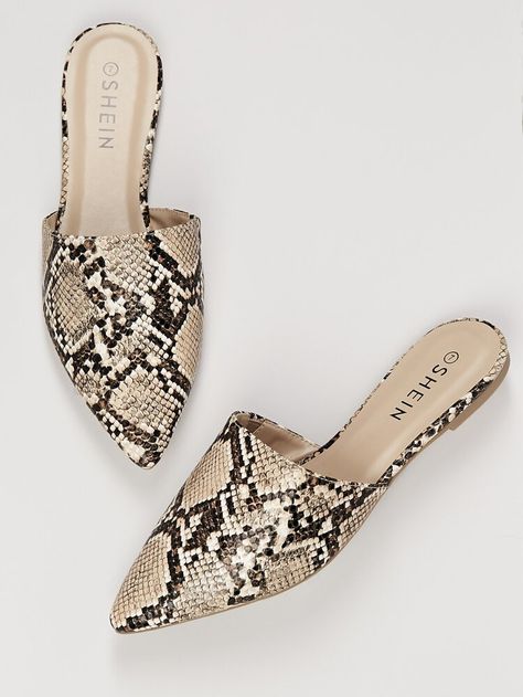 Pointed Toe Snakeskin Flat Slide Mules | SHEIN USA Snake Print Mules Outfit, Snake Print Heels With Pointed Toe For Evening, Closed Sandals, Summer Open Toe Sandals With Snake Print, Spring Snake Print Round Toe Heels, Spring Snake Print Pointed Toe Heels, Snake Print Pointed Toe Party Heels, Possessive Adjectives, Form Fitting Tops