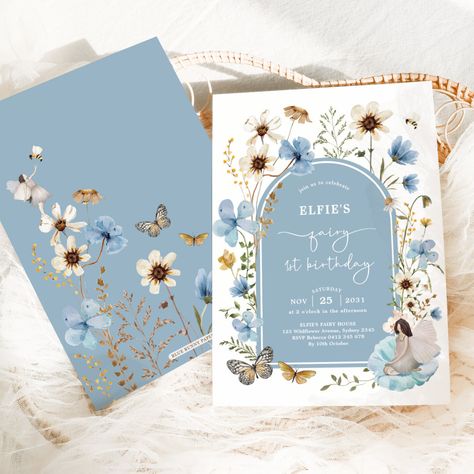 Blue Wildflower Fairy First 1st Birthday Party Invitation Fairy 1st Birthday Party, First Birthday Garden Party, Fairy 1st Birthday, Fairy Birthday Themes, Birthday Garden Party, Garden Party Invitations, Fairytale Party, 1st Birthday Party Invitations, Busy Bees