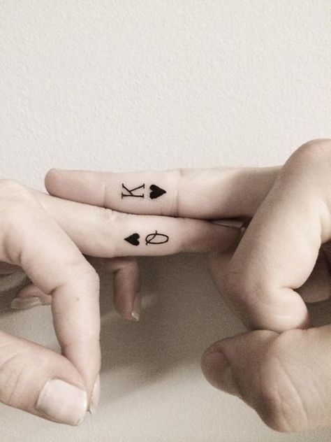 #king #queen #tattoo #tattoos #ideas #designs #men #formen #menstattooideas King Of Hearts Tattoo, Inner Finger Tattoo, Flower Finger Tattoos, Finger Tattoos For Couples, Tiny Finger Tattoos, Best Couple Tattoos, Cute Couple Tattoos, Small Finger Tattoos, Finger Tattoo For Women