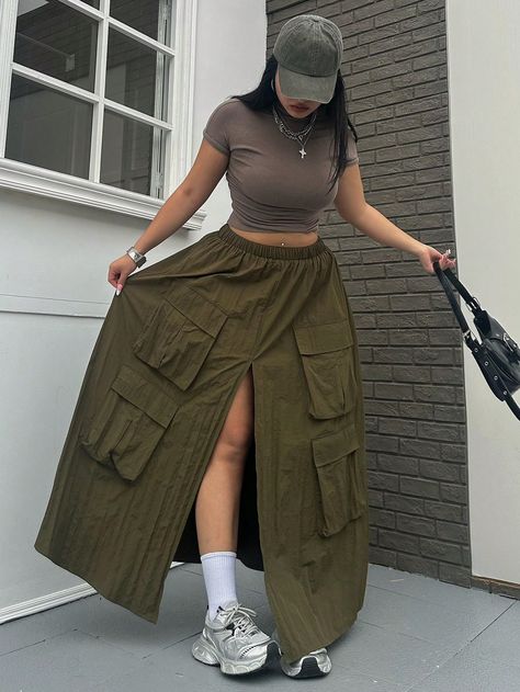 Plus Size Women's Elastic Waist Casual Workwear Skirt With Multiple Pockets, Knee Length Army Green Casual   Woven Fabric Plain A Line Non-Stretch  Women Plus Clothing, size features are:Bust: ,Length: ,Sleeve Length: Baggy Skirt Outfit, Army Outfits For Women, Army Green Skirt Outfit, Long Cargo Skirt Outfit, Workwear Skirt, Dope Fashion Outfits, Neat Casual Outfits, Plus Size Skirt, Casual Chic Outfits