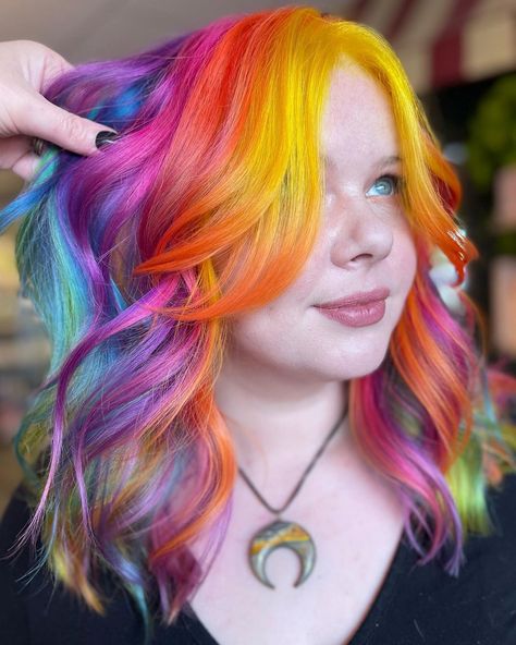 Rainbow Halo Hair, Orange Blue Hair, Multicolour Hair, Short Rainbow Hair, Christmas Hair Color, Vivid Hair, Rave Hair, Vivid Hair Color, Colourful Hair