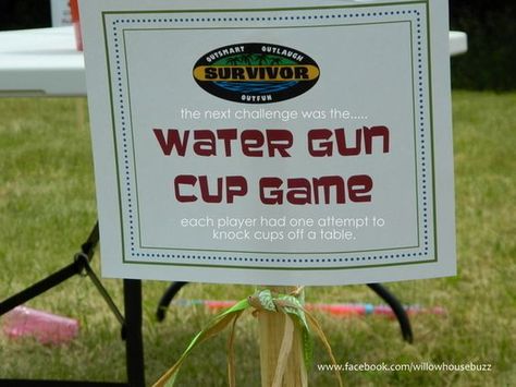 Water Gun Cup Game Survivor Birthday Cake, Survivor Party Games, Fear Factor Party, Survivor Theme, Survivor Idea, Survivor Challenges, Survivor Games, Survivor Party, Scout Camp