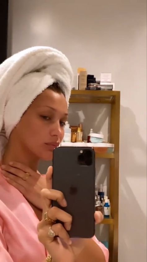 Bella Hadid Skincare, Bella Hadid Instagram, Hadid Instagram, Glazed Donut, Bella Hadid Outfits, Luscious Hair, Care Aesthetic, Pink Aura, Vogue Beauty